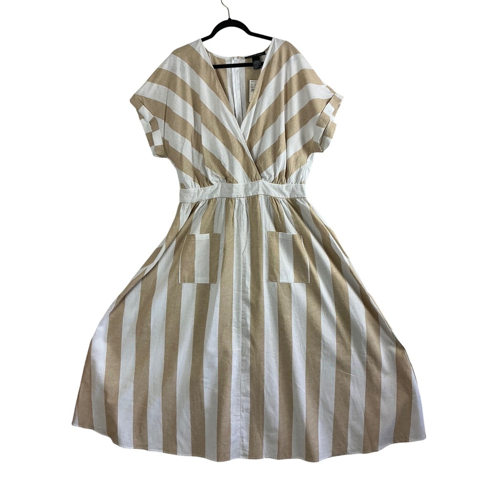 Ashley‎ Stewart Dress Women's 14 Midi Striped with Pockets V-Neck NWT